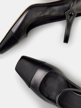 Mary Jane Pump with Toe Cap / Black Metallic Leather Mary Jane Pump with Toe Cap / Black Metallic Leather