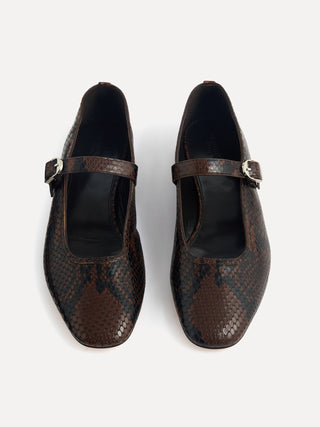 Ballet Mary Janes / Chocolate Leather Snake Effect