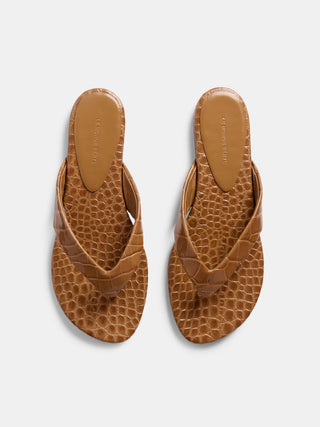 Flat Thong Sandal / Brown Leather Croc Effect