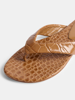 Flat Thong Sandal / Brown Leather Croc Effect