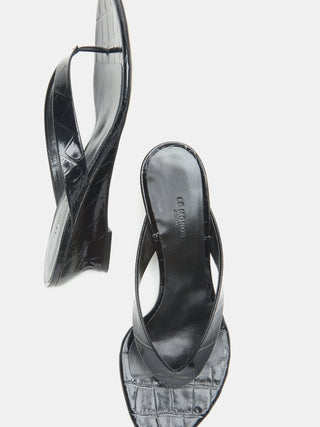 Le Monde Béryl - Micro Wedge Thong Coco Black Leather Croc Effect
